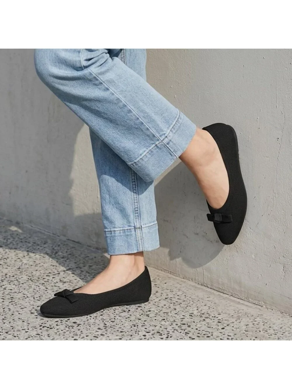 Frank Mully Women's Black Solid Rubber Knit Squared Toe Bow Slip On Ballet Flats